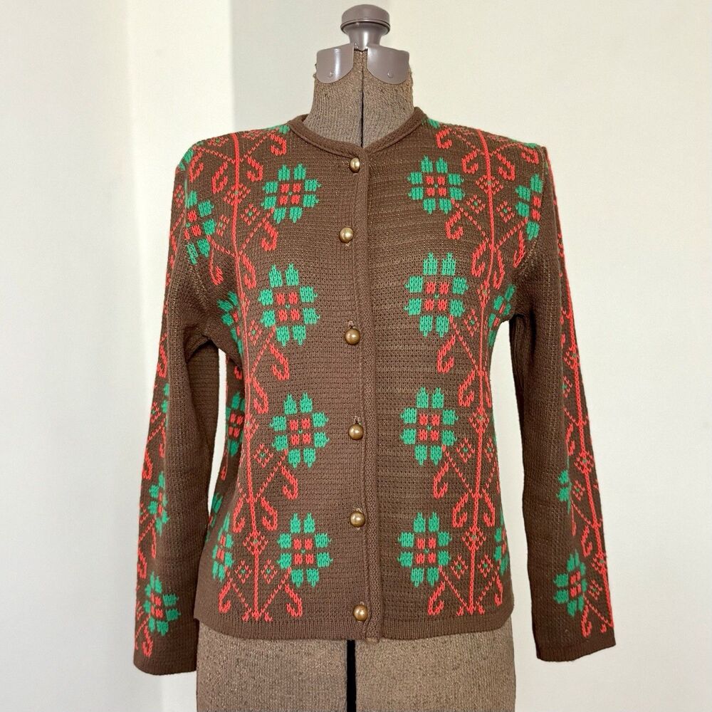 Vintage 70s–80s Folk Knit Cardigan Sweater Brown Nordic Pattern Made USA S/M